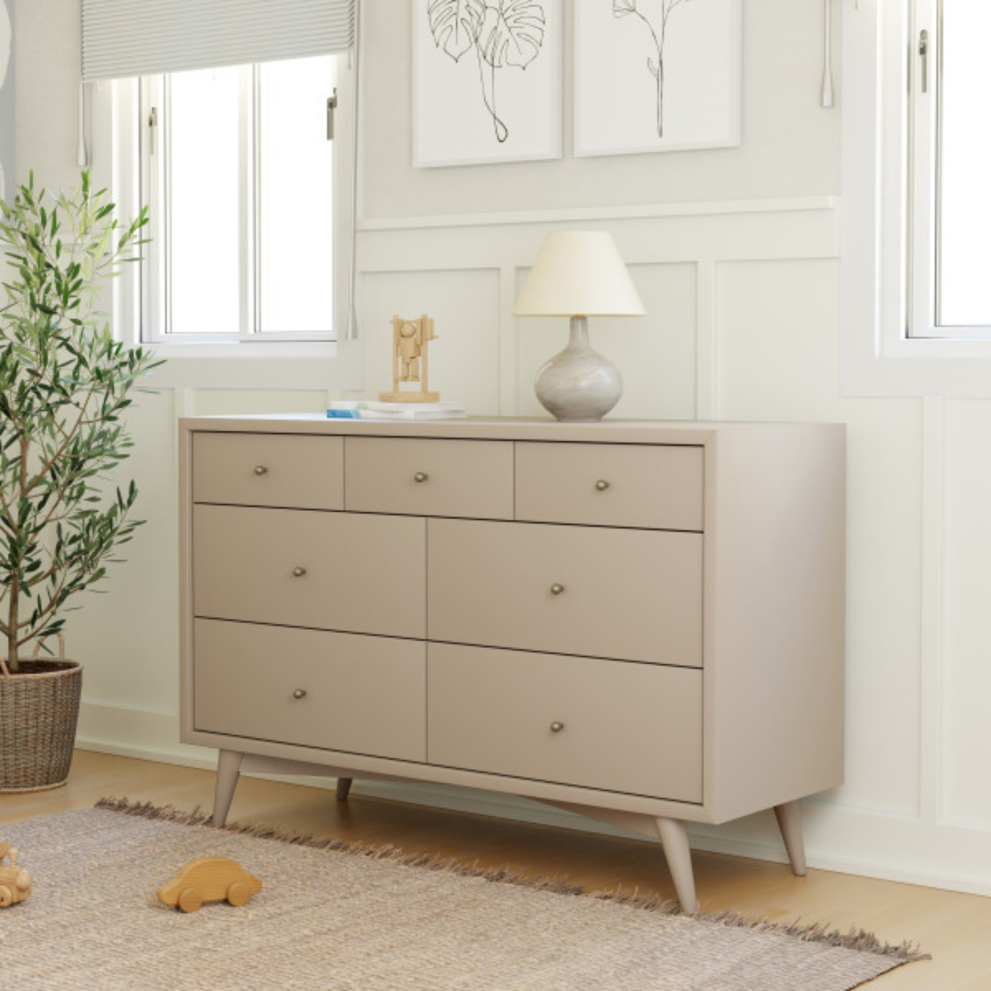 BABYLETTO Palma 7 Drawer Double Dresser Warm White Natural Walnut